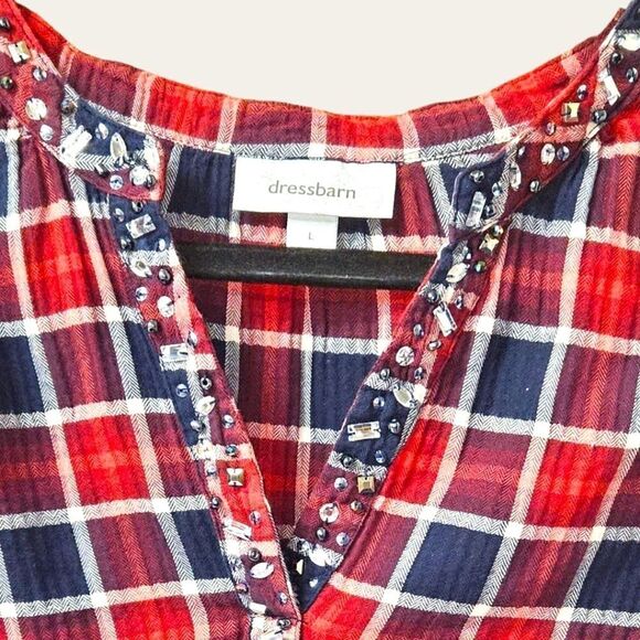 NWOT Dress Barn Plaid Long Sleeve With Sequins Around V-Neckline. - Picture 3 of 10